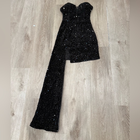 Zara Black Sequin Asymmetrical Strapless Mini Dress Mesh Bust Size M - Picture 2 of 4